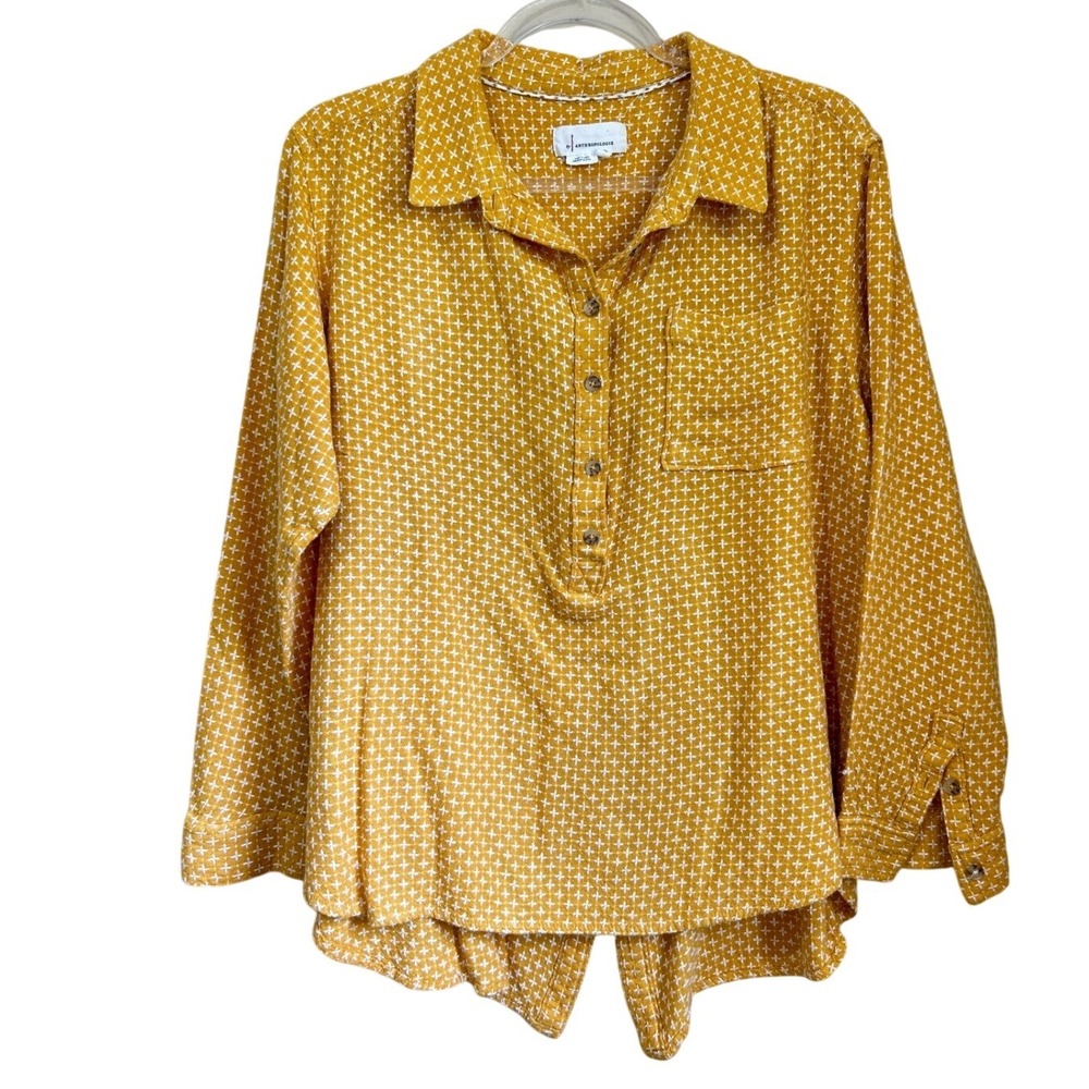 Anthropologie Shirt XL Kantha Mustard Yellow Embroidered Button Boho Cottage Pop